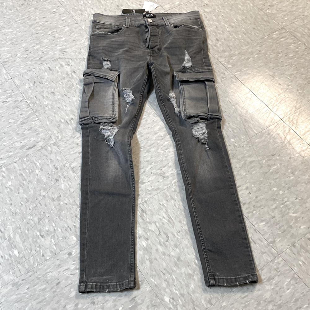 New Boohoo MAN Men's Skinny Stretch Ripped Jeans Ice Gray Size 32